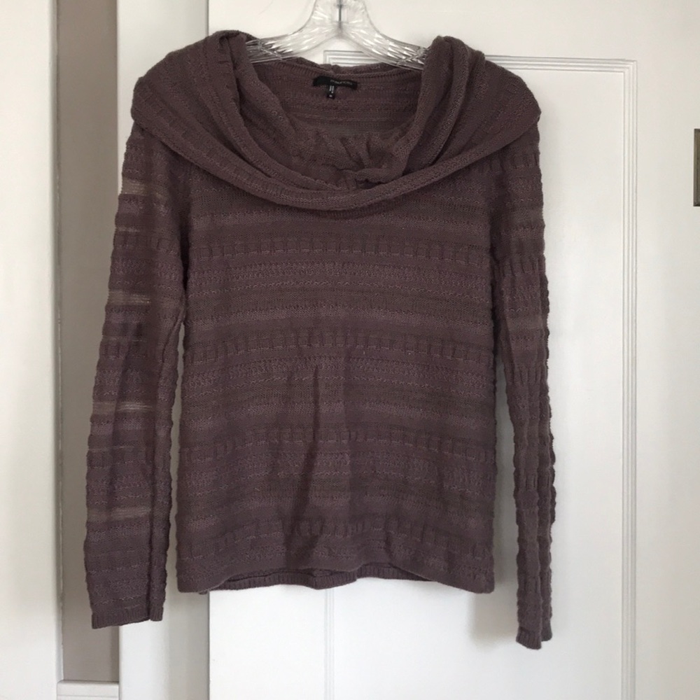 Purple scoop neck cowl sweater with sheer elements